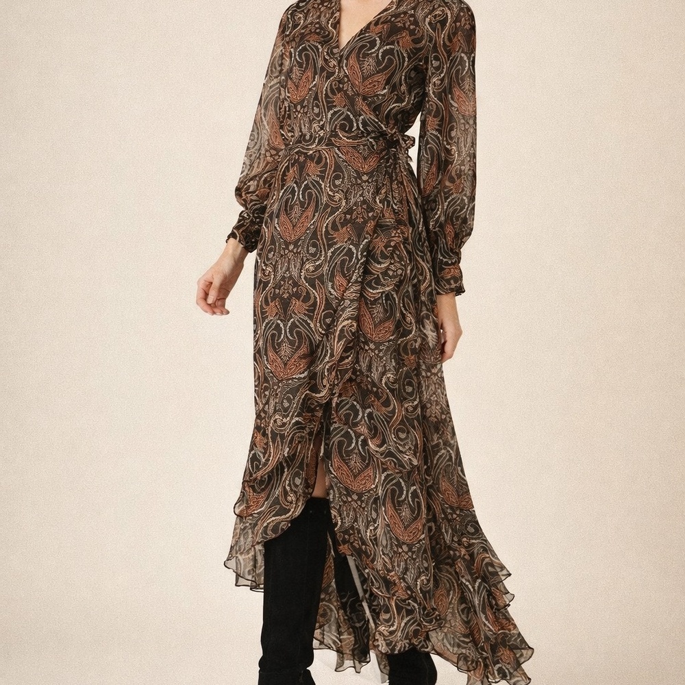 Long Sleeve Paisley Wrap Maxi Dress in Black and Brown